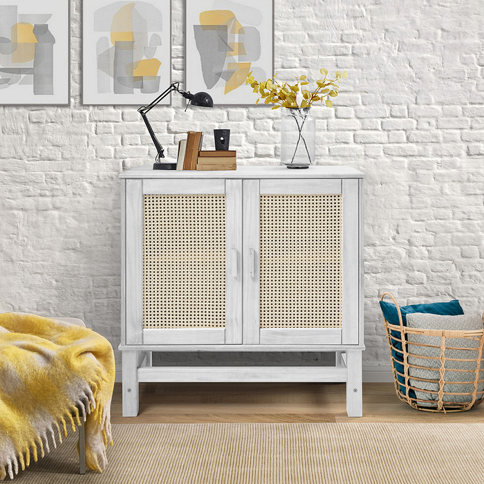 Balcão Buffet Nature em Madeira e Rattan Natural 02 Portas na Cor Branca 