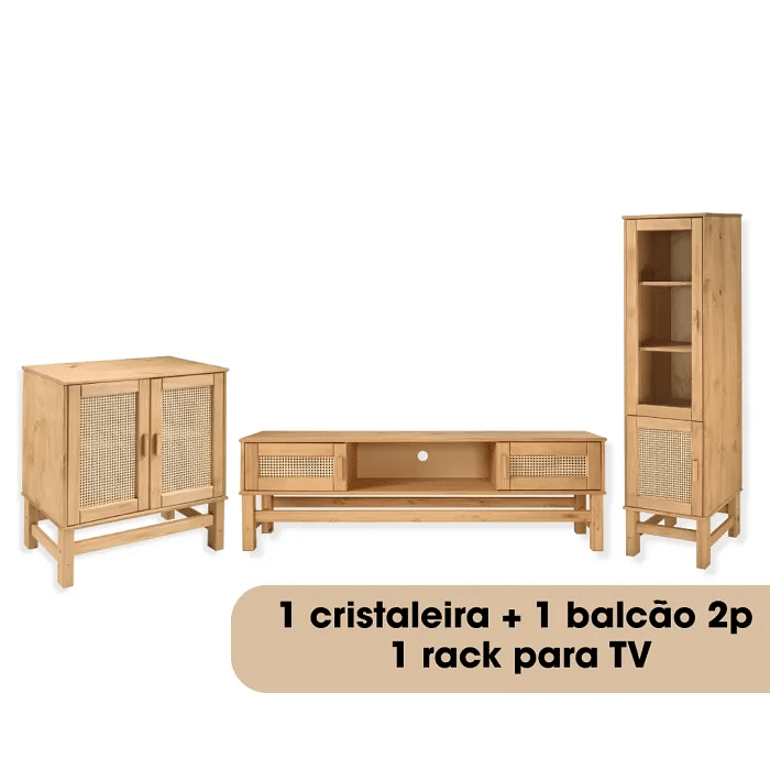 Kit Cristaleira 2p + Rack para TV + Balcão 2p de Rattan Nature