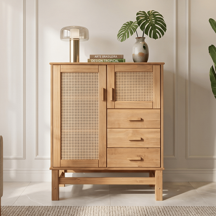 Balcão Buffet Nature Madeira e Rattan 02 portas e 03 gavetas