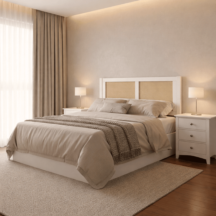Cabeceira de Cama CASAL 140cm Paglia Madeira e Rattan na Cor Branca
