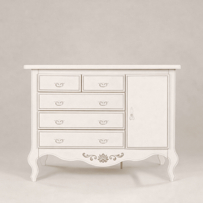 Cômoda Entalhada 5 Gavetas e 1 porta Branco Provençal com Tampo Branco
