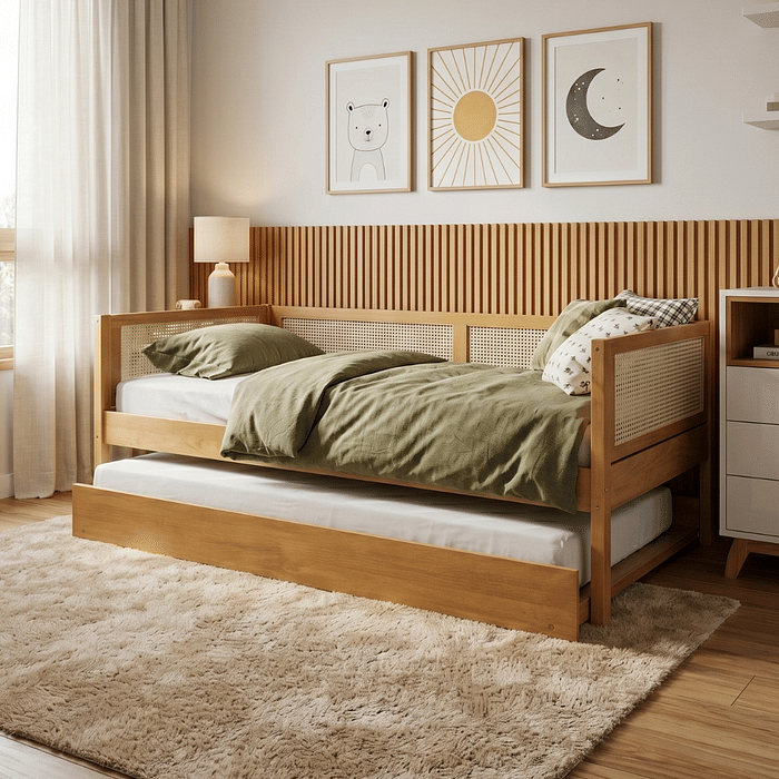 Cama de Solteiro com Cama Auxiliar em Madeira Maciça Pinus Mel Com Rattan Natural
