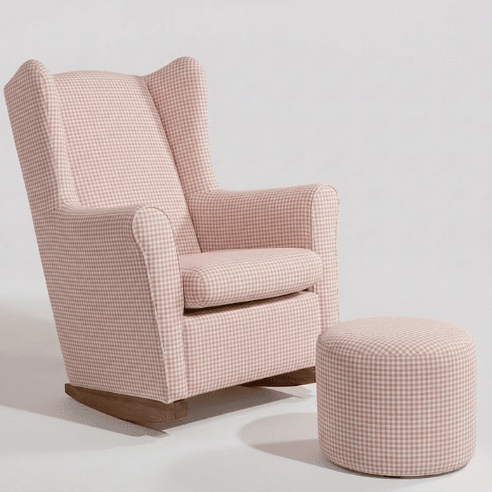 Poltrona de Amamentação Cloud com Balanço e Puff Xadrez Rosa