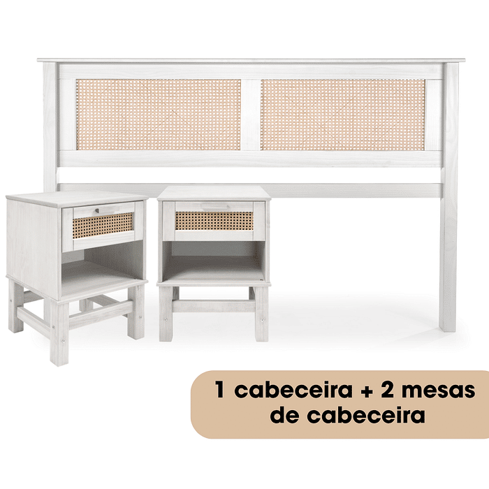 Kit Cabeceira + 2 Mesas de Cabeceira Gaveta e Nicho de Rattan Nature na Cor Branca