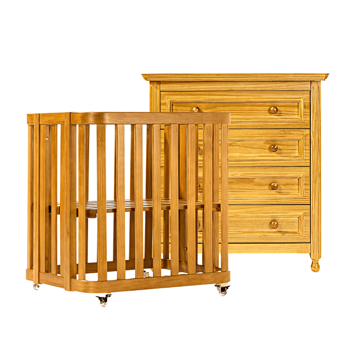 Kit Berço 3 em 1 + Cômoda 4 gavetas em Madeira Maciça Mel | Linha Feliz + 1,2,3