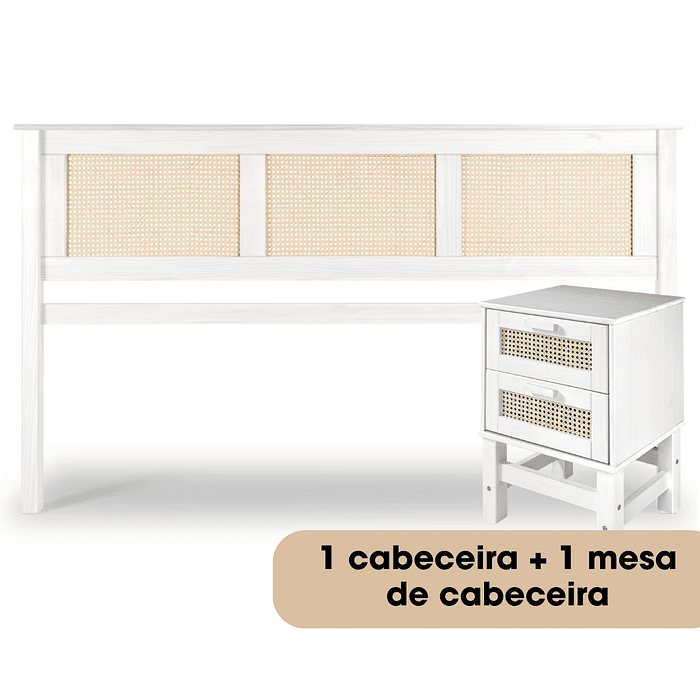 Kit Cabeceira KING + Mesa de Cabeceira 2 Gavetas de Rattan Nature na Cor Branca