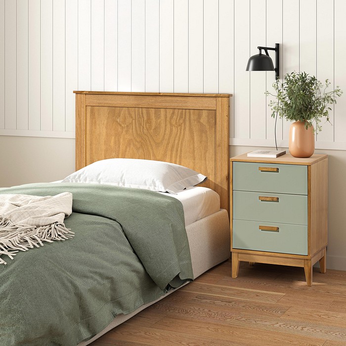 Mesa de Cabeceira Alamo em Madeira Natural + Verde 3 Gavetas Pequeno