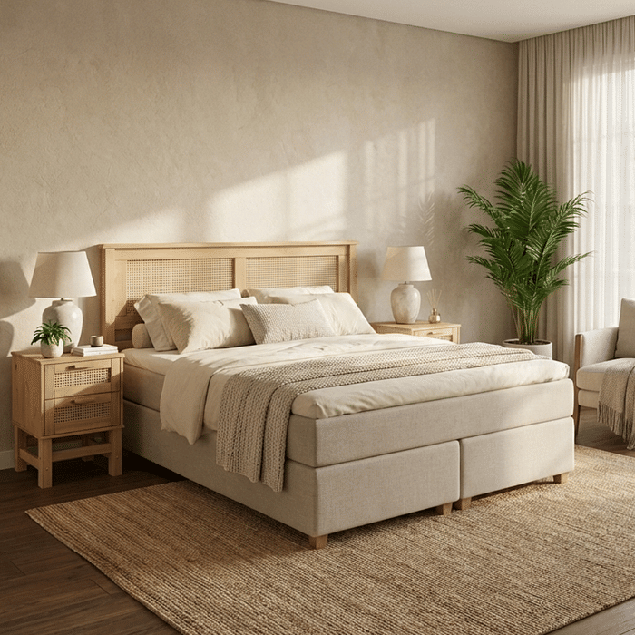 Kit Cabeceira + Mesa de Cabeceira 2 Gavetas de Rattan Nature