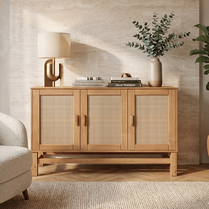 Balcão Buffet Nature em Madeira e Rattan Natural 03 Portas