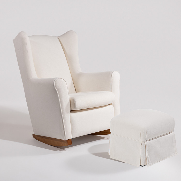 Poltrona de Amamentação Cloud com Balanço + Puff Mommy Bouclé Branco