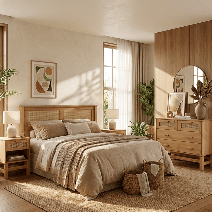 Kit Cabeceira + Cômoda + Mesa de Cabeceira 1 Gaveta de Rattan Nature