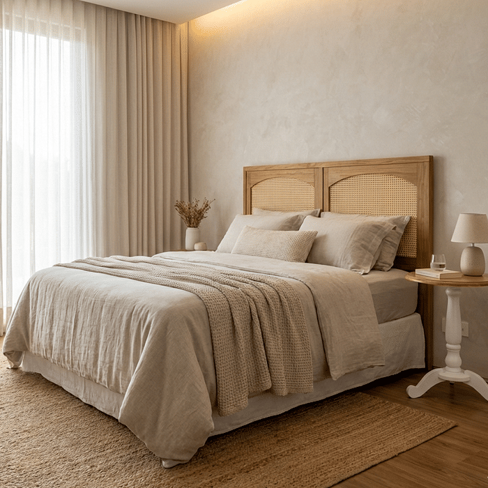 Cabeceira de Cama CASAL 146cm Arcs Madeira e Rattan