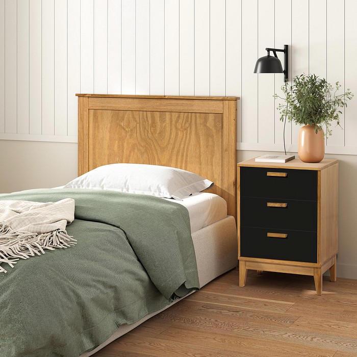 Mesa de Cabeceira Alamo em Madeira Natural + Preto 3 Gavetas Pequeno