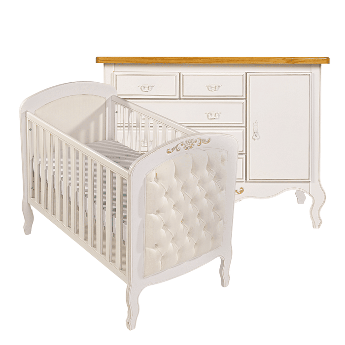Kit Entalhado Berço 2 em 1 com Capitonê e Cômoda 5 Gavetas e 1 Porta em Madeira Maciça Branco