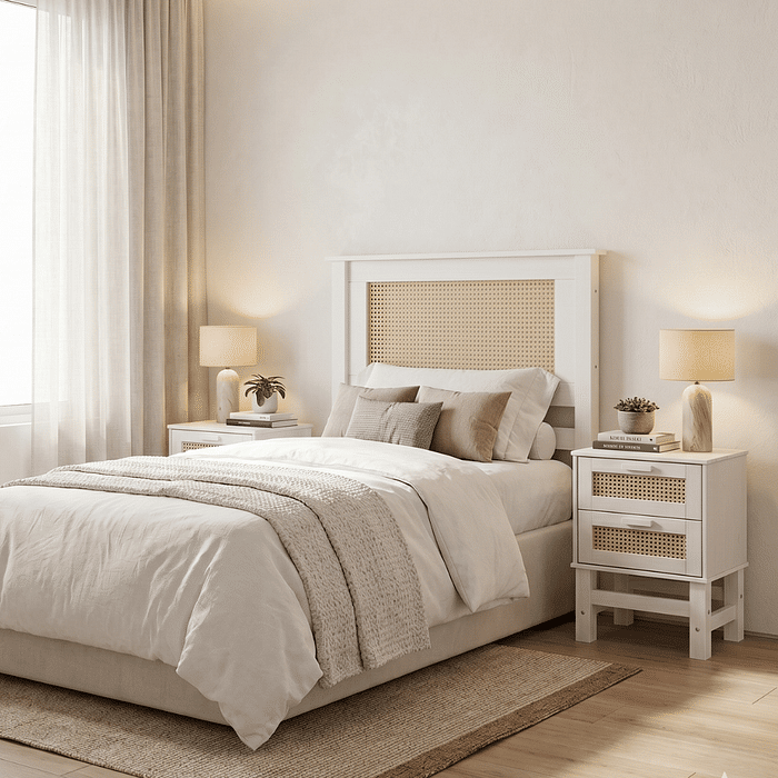 Kit Cabeceira SOLTEIRO + 2 Mesas de Cabeceira 2 Gavetas de Rattan Nature na Cora Branca 
