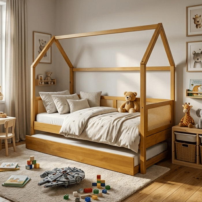 Cama Infantil Casinha Com Cama Auxiliar Bloomie em Madeira Maciça Pinus Mel Com Rattan Natural