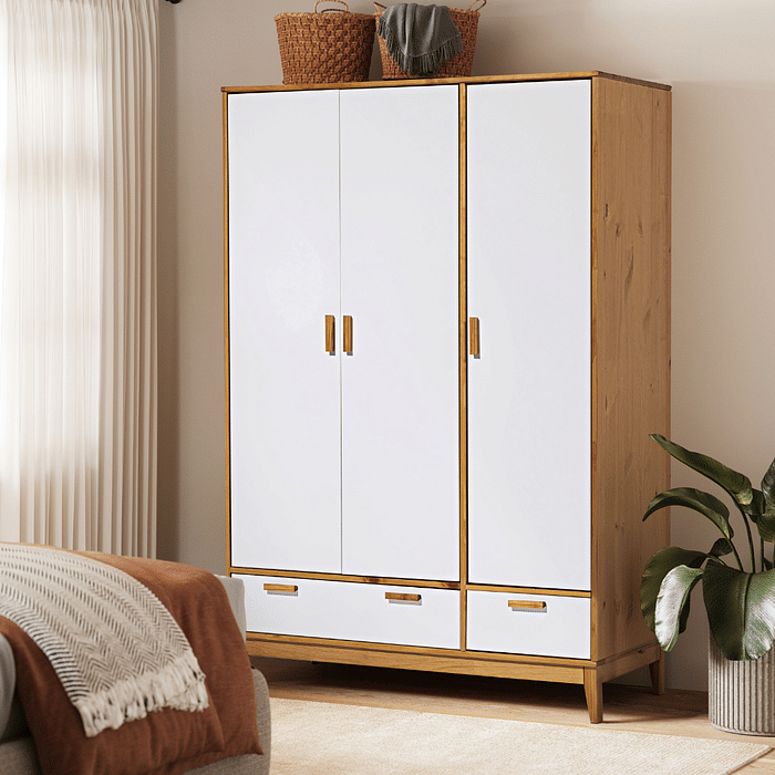 Roupeiro Alamo 3 Portas e 2 Gavetas em Madeira Natural + Branco