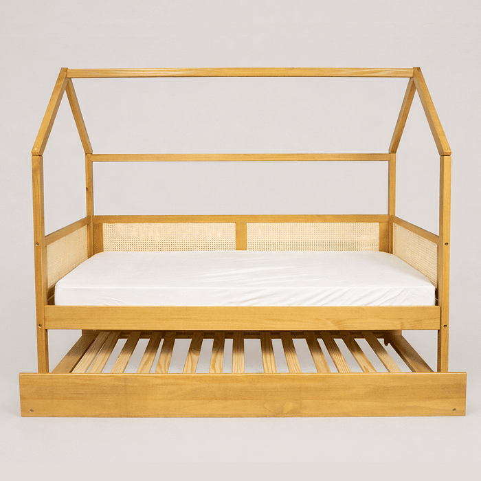 Cama Infantil Casinha Com Cama Auxiliar Bloomie em Madeira Maciça Pinus Mel Com Rattan Natural