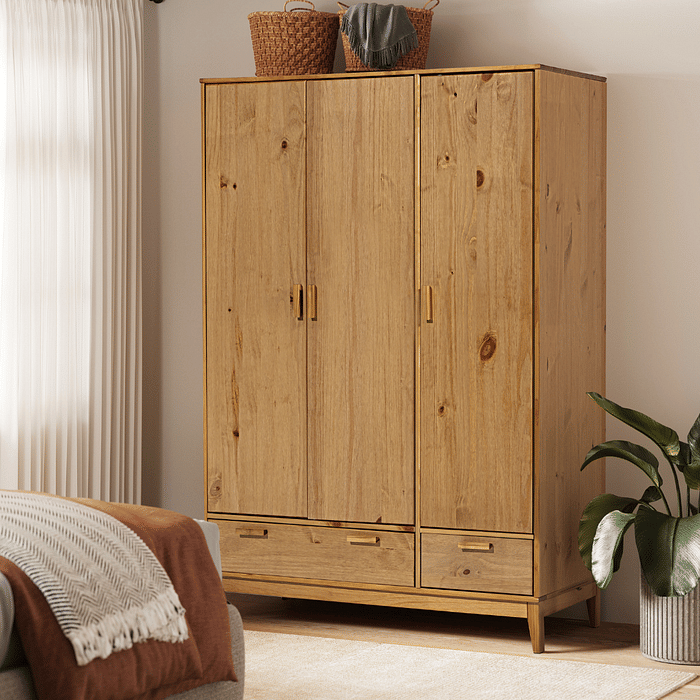 Roupeiro Alamo 3 Portas e 2 Gavetas em Madeira Natural