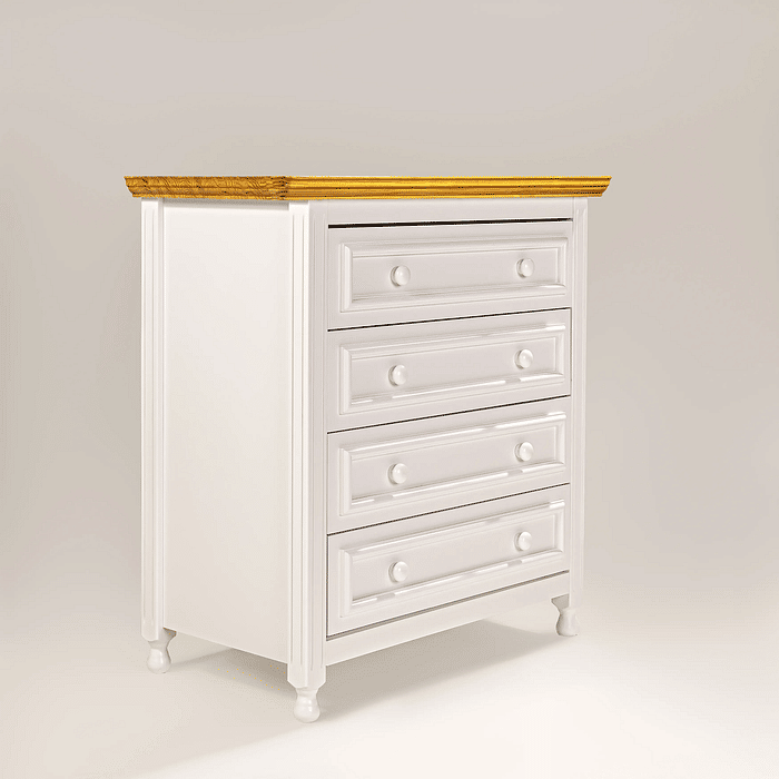 Cômoda Feliz 4 gavetas Branca com Tampo Mel de Madeira Maciça