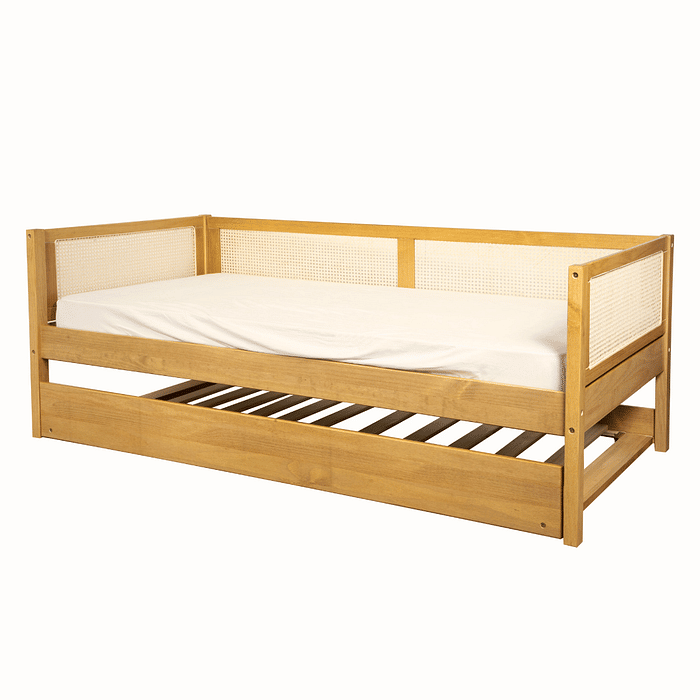 Cama de Solteiro com Cama Auxiliar em Madeira Maciça Pinus Mel Com Rattan Natural