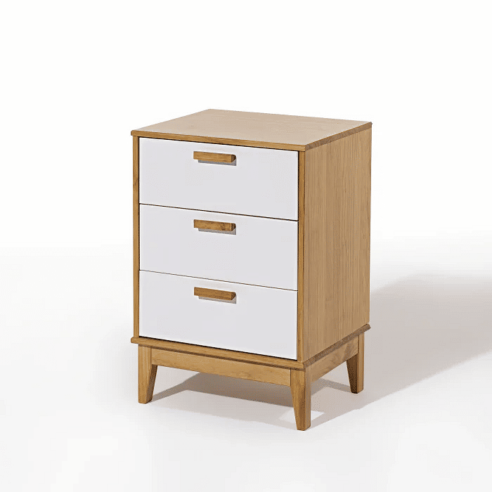 Mesa de Cabeceira Alamo em Madeira Natural + Branco 3 Gavetas Pequeno