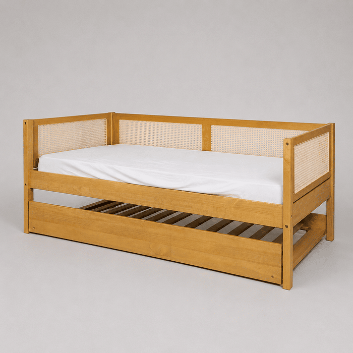 Cama de Solteiro com Cama Auxiliar em Madeira Maciça Pinus Mel Com Rattan Natural