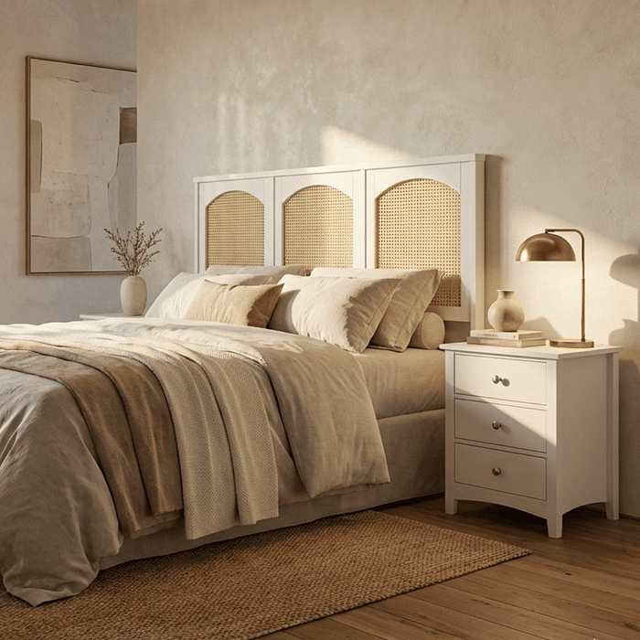 Cabeceira de Cama QUEEN 166cm Arcs Madeira e Rattan na Cor Branca