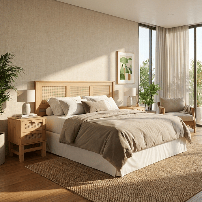 Kit Cabeceira KING + Mesa de Cabeceira 2 Gavetas de Rattan Nature