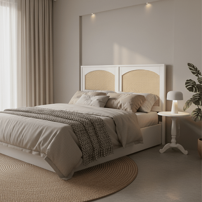 Cabeceira de Cama CASAL 146cm Arcs Madeira e Rattan na Cor Branca