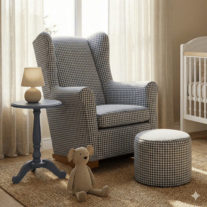 Poltrona de Amamentação Cloud com Balanço e Puff Xadrez Azul
