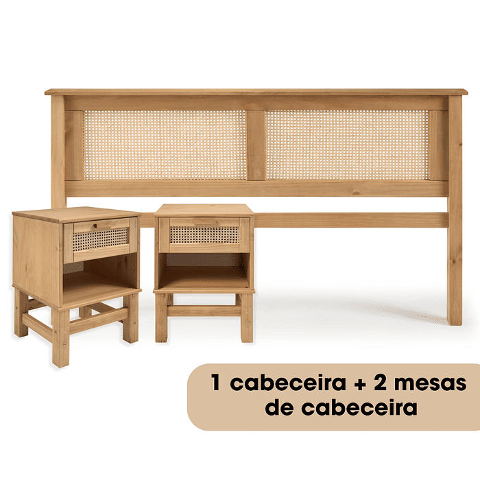 Kit Cabeceira + 2 Mesas de Cabeceira Uma Gaveta de Rattan Nature