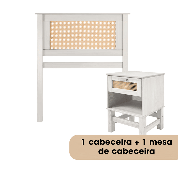 Kit Cabeceira SOLTEIRO + Mesa de Cabeceira Gaveta e Nicho de Rattan Nature na Cor Branca