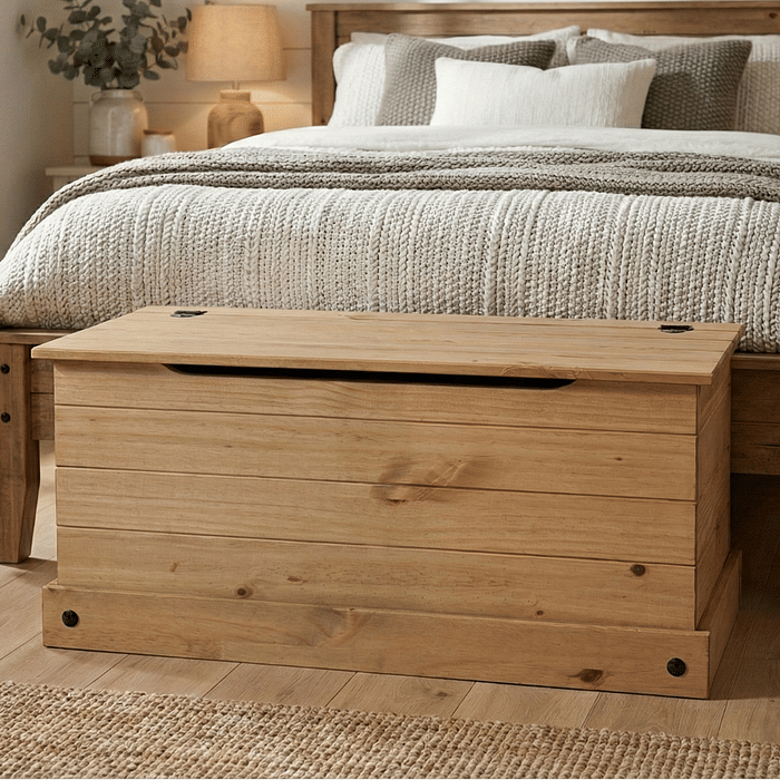 Baú de Armazenamento em Madeira Maciça de Pinus com Tampa Articulada e Trava de Segurança