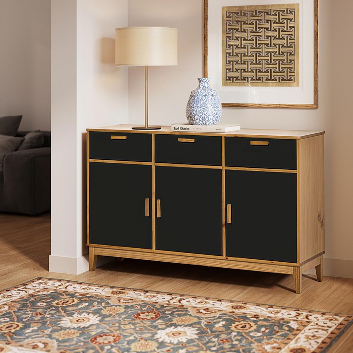 Balcão Alamo 3 Portas e 3 Gavetas em Madeira Natural + Preto