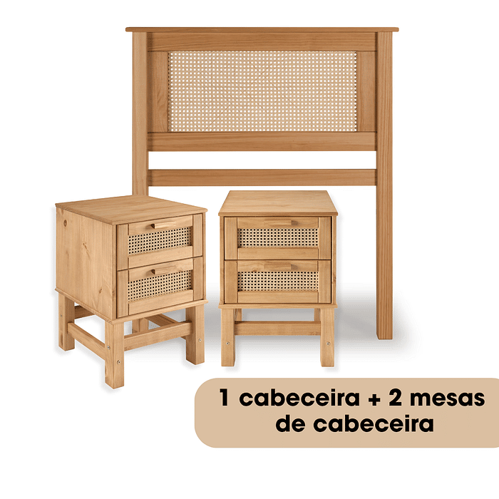 Kit Cabeceira SOLTEIRO + 2 Mesas de Cabeceira 2 Gavetas de Rattan Nature