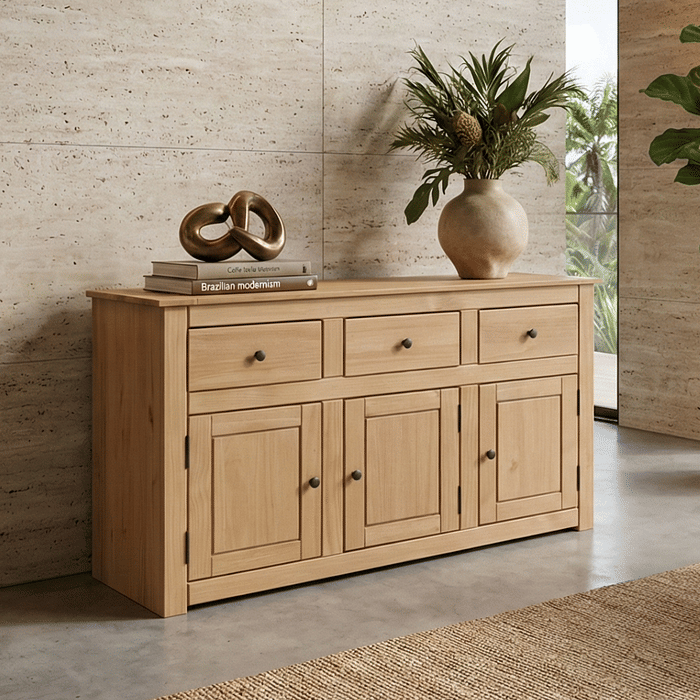 Balcão Buffet de Madeira Maciça com 3 Gavetas e 3 Portas Design Clássico