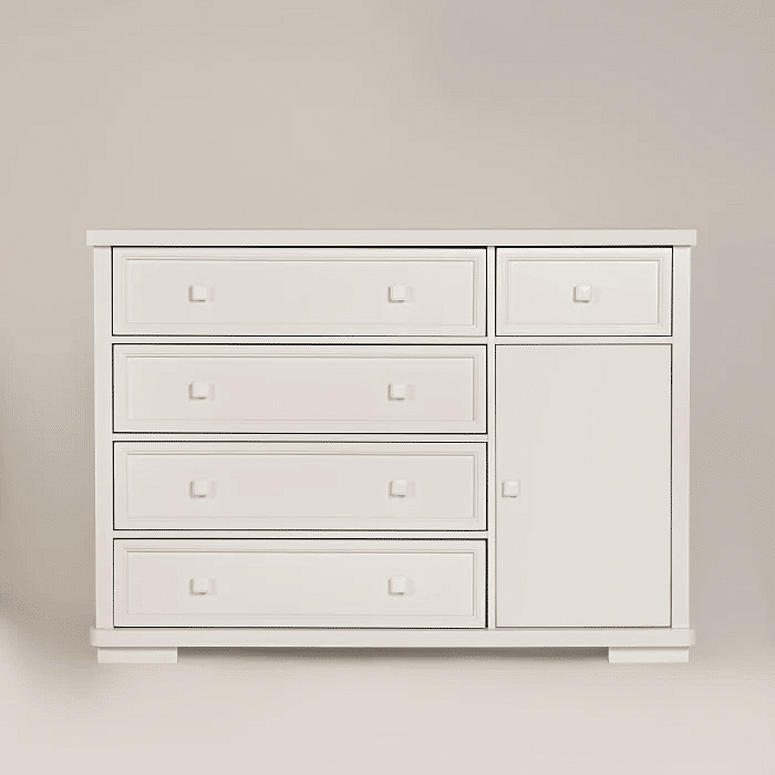 Cômoda Encanto 5 Gavetas e Porta Fechada Branca com Tampo Branco