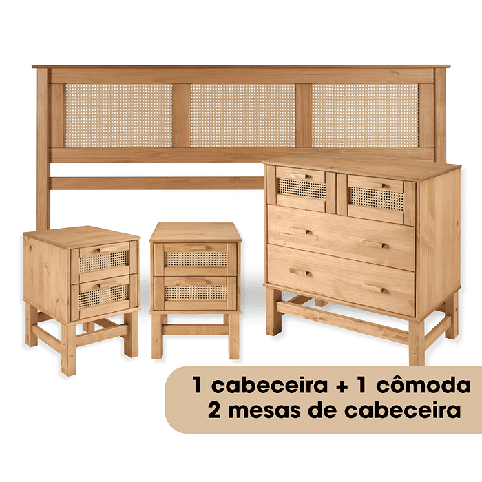 Kit Cabeceira KING + Cômoda + 2 Mesas de Cabeceira 2 Gavetas de Rattan Nature