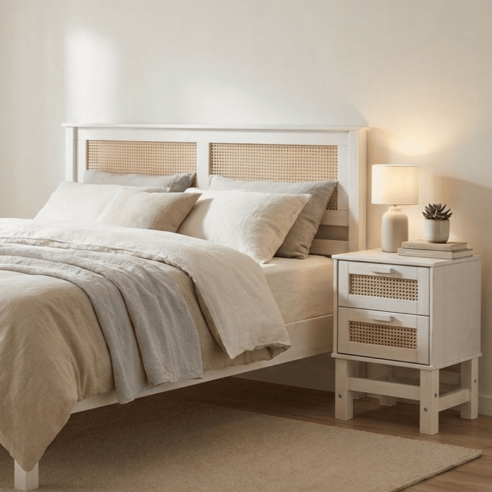 Kit Cabeceira + Mesa de Cabeceira 2 Gavetas de Rattan Nature na Cor Branca