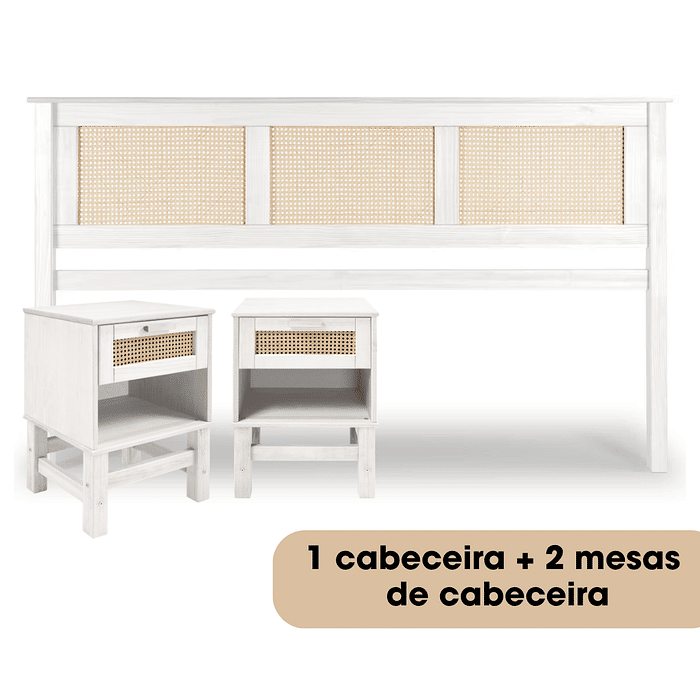 Kit Cabeceira KING + 2 Mesas de Cabeceira Gaveta e Nicho de Rattan Nature na Cor Branca