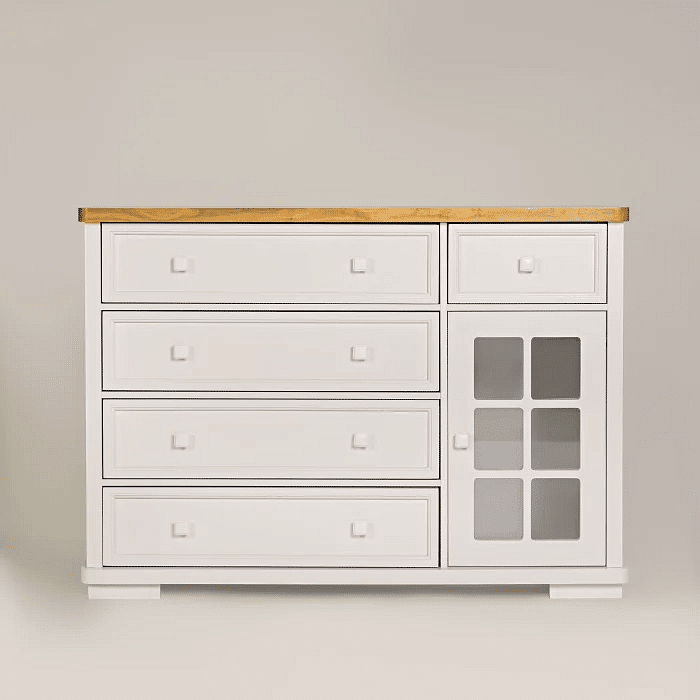 Cômoda Encanto 5 Gavetas e Porta de Vidro Branca com Tampo Mel