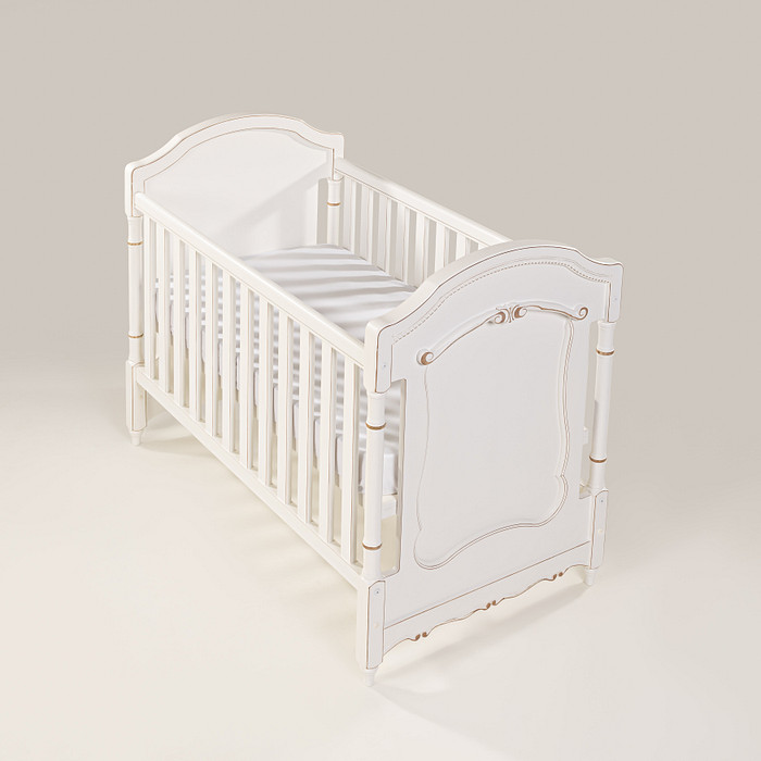 Kit Lilie Berço 2 em 1 e Cômoda 8 Gavetas em Madeira Maciça Branco com Detalhes Provençal