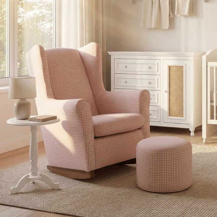 Poltrona de Amamentação Cloud com Balanço e Puff Xadrez Rosa