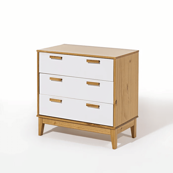 Mesa de Cabeceira Alamo 3 Gavetas Grandes em Madeira Natural + Branco