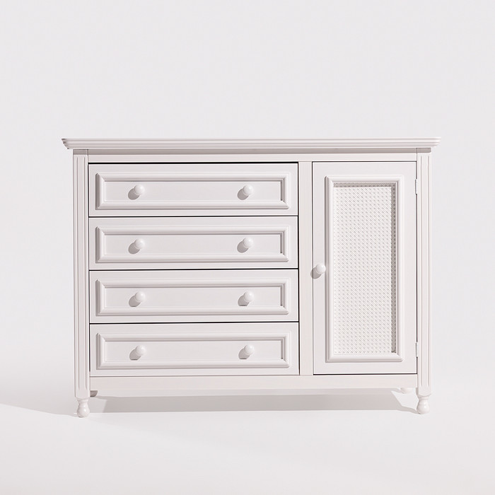 Cômoda Feliz 4 Gavetas Porta com Tela Trançada Branca com Palha Branca