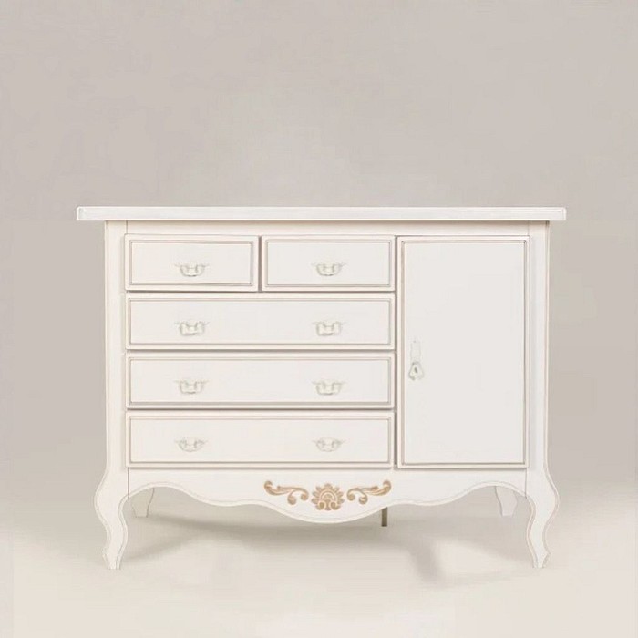 Cômoda Entalhada 5 Gavetas e 1 porta Branco Provençal com Tampo Branco