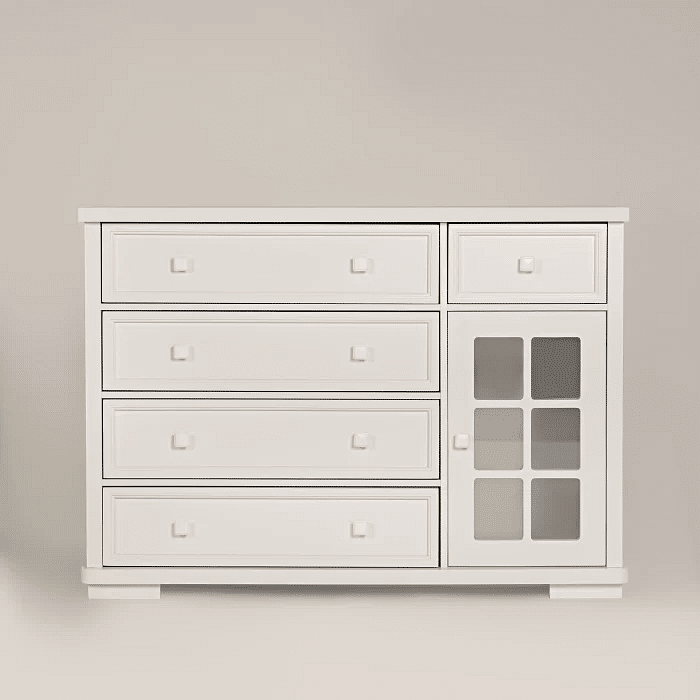 Cômoda Encanto 5 Gavetas e Porta de Vidro Branca com Tampo Branco