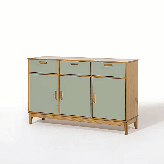 Balcão Alamo 3 Portas e 3 Gavetas em Madeira Natural + Verde