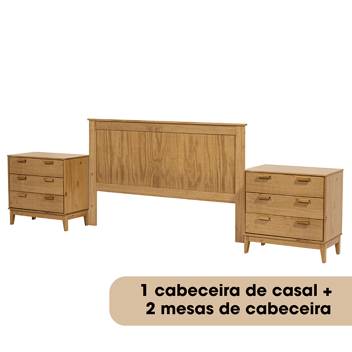 Kit Cabeceira Queen 164 cm + 2 Mesas de Cabeceira 3 Gavetas Natural Alamo